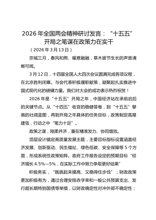 2026年全国两会精神研讨发言：“十五五”开局之笔谋在政策力在实干