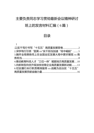 主要负责同志学习贯彻最新会议精神研讨班上的发言材料汇编（6篇）