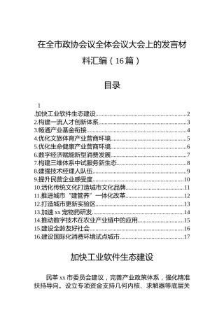 在全市政协会议全体会议大会上的发言材料汇编（16篇）