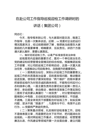 在赴公司工作指导巡视迎检工作调研时的讲话（集团公司）