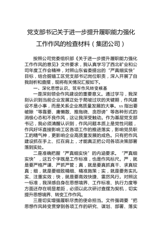 党支部书记关于进一步提升履职能力强化工作作风的检查材料（集团公司）
