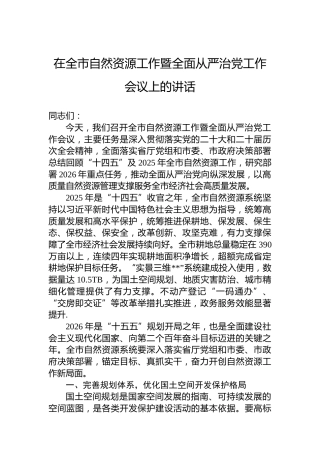 在全市自然资源工作暨全面从严治党工作会议上的讲话