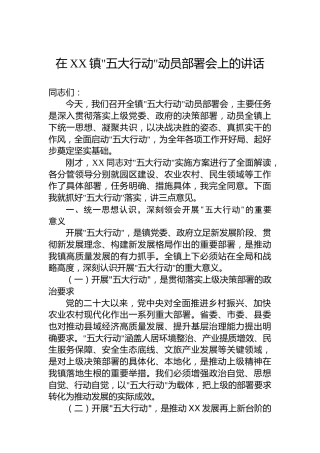 在XX镇五大行动动员部署会上的讲话