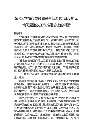 在XX学校市委第四巡察组巡察回头看反馈问题整改工作推进会上的讲话