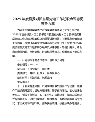 2025年度县委对抓基层党建工作述职点评意见整改方案