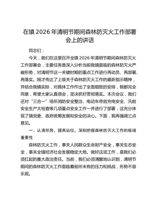在镇2026年清明节期间森林防灭火工作部署会上的讲话