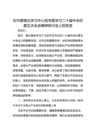 在市委理论学习中心组专题学习二十届中央纪委五次全会精神研讨会上的发言