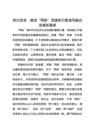 研讨发言：激活“两新”党建新引擎 谱写融合发展新篇章