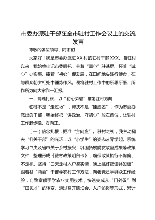 市委办派驻干部在全市驻村工作会议上的交流发言-