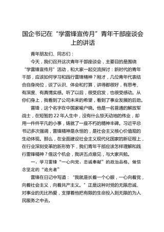 国企书记在“学雷锋宣传月”青年干部座谈会上的讲话（公司）