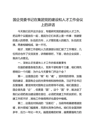 国企党委书记在党的建设和人才工作会议上的讲话（公司）