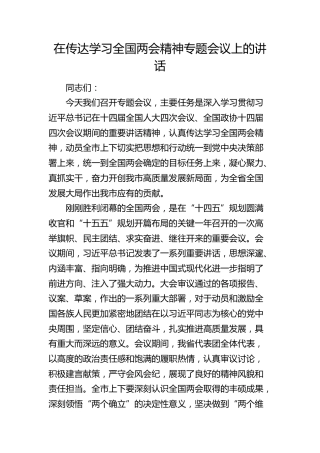 在传达学习全国两会精神专题会议上的讲话1