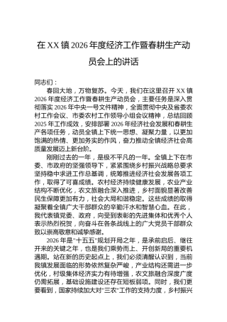 在XX镇2026年度经济工作暨春耕生产动员会上的讲话