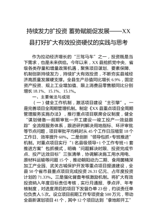持续发力扩投资蓄势赋能促发展——XX县打好扩大有效投资硬仗的实践与思考