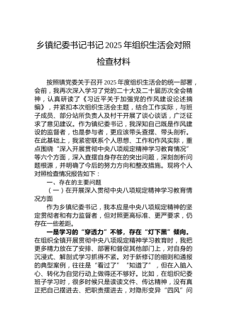 乡镇纪委书记书记2025年组织生活会对照检查材料