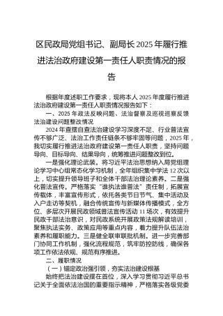 区民政局党组书记、副局长2025年履行推进法治政府建设第一责任人职责情况的报告