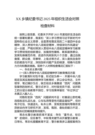 XX乡镇纪委书记2025年组织生活会对照检查材料