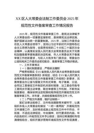 XX区人大常委会法制工作委员会2025年规范性文件备案审查工作情况报告