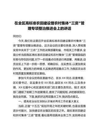 在全区高标准农田建设暨农村集体“三资”管理专项整治推进会上的讲话