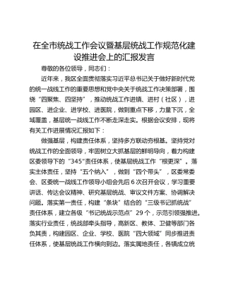 在全市统战工作会议暨基层统战工作规范化建设推进会上的汇报发言