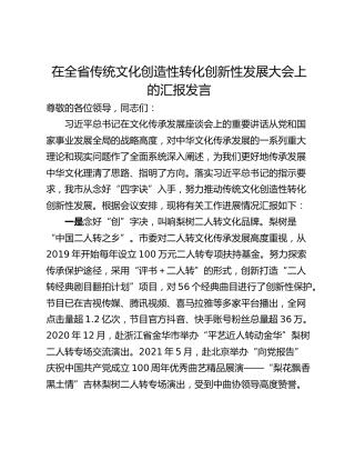 在全省传统文化创造性转化创新性发展大会上的汇报发言