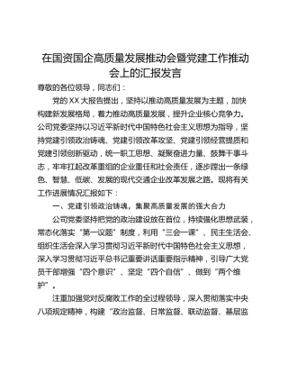 在国资国企高质量发展推动会暨党建工作推动会上的汇报发言
