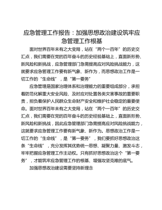 应急管理工作报告：加强思想政治建设筑牢应急管理工作根基