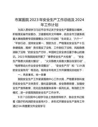 市某医院2023年安全生产工作总结及2024年工作计划