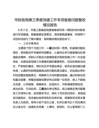 市财政局第三季度党建工作专项督查问题整改情况报告