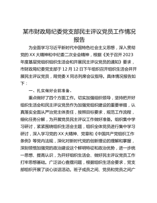 某市财政局纪委党支部民主评议党员工作情况报告