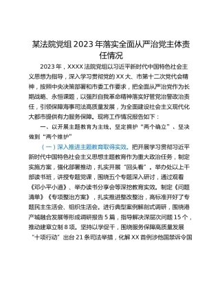 某法院党组2023年落实全面从严治党主体责任情况