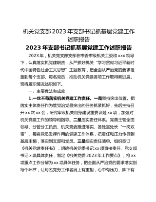 机关党支部2023年支部书记抓基层党建工作述职报告