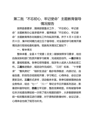 第二批“不忘初心、牢记使命”主题教育督导情况报告