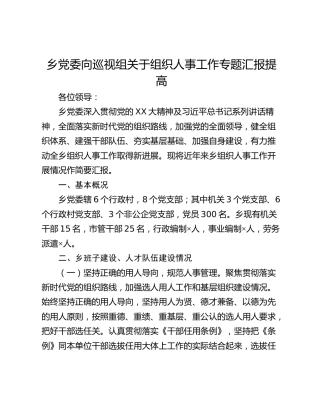 乡党委向巡视组关于组织人事工作专题汇报提高