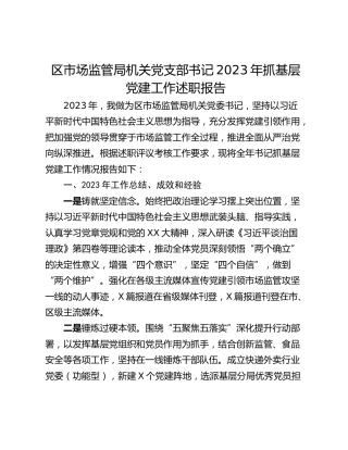 区市场监管局机关党支部书记2023年抓基层党建工作述职报告
