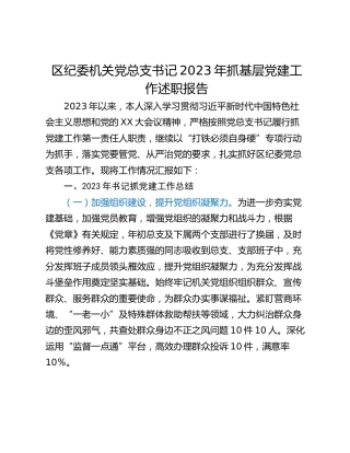 区纪委机关党总支书记2023年抓基层党建工作述职报告