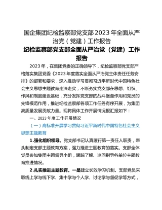 国企集团纪检监察部党支部2023年全面从严治党（党建）工作报告