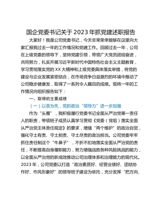 国企党委书记关于2023年抓党建述职报告
