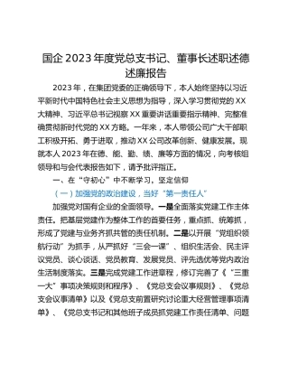 国企2023年度党总支书记、董事长述职述德述廉报告