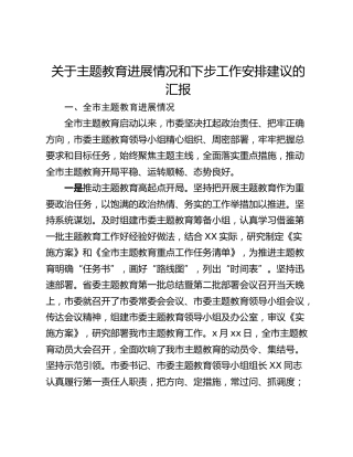 关于主题教育进展情况和下步工作安排建议的汇报