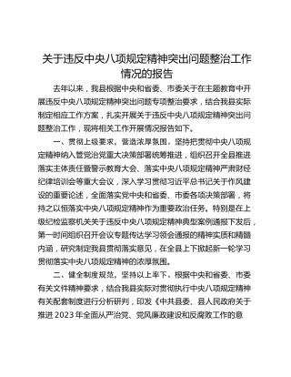 关于违反中央八项规定精神突出问题整治工作情况的报告
