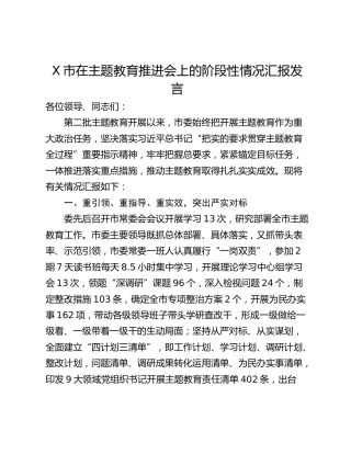 X市在主题教育推进会上的阶段性情况汇报发言