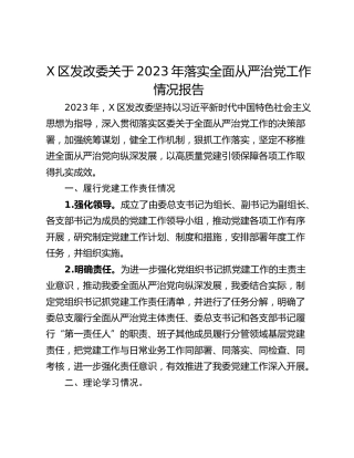 X区发改委关于2023年落实全面从严治党工作情况报告