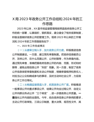 X局2023年政务公开工作总结和2024年的工作思路