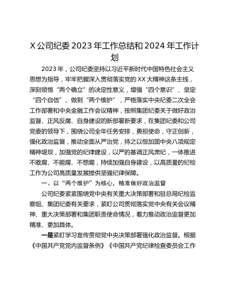 X公司纪委2023年工作总结和2024年工作计划