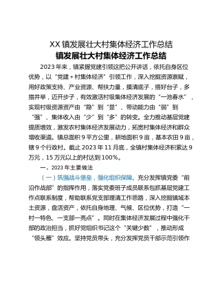 XX镇发展壮大村集体经济工作总结