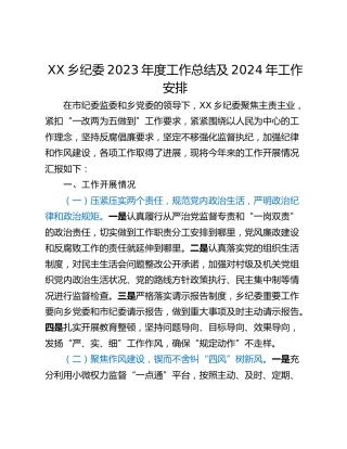 XX乡纪委2023年度工作总结及2024年工作安排