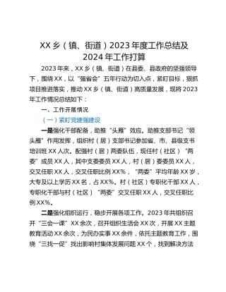 XX乡（镇、街道）2023年度工作总结及2024年工作打算