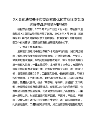 XX县司法局关于市委巡察暨优化营商环境专项巡察整改进展情况的报告