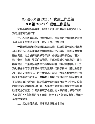 XX县XX镇2023年党建工作总结